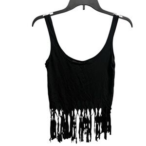 Black Sleeveless Crop Tank Top with Cut fringe